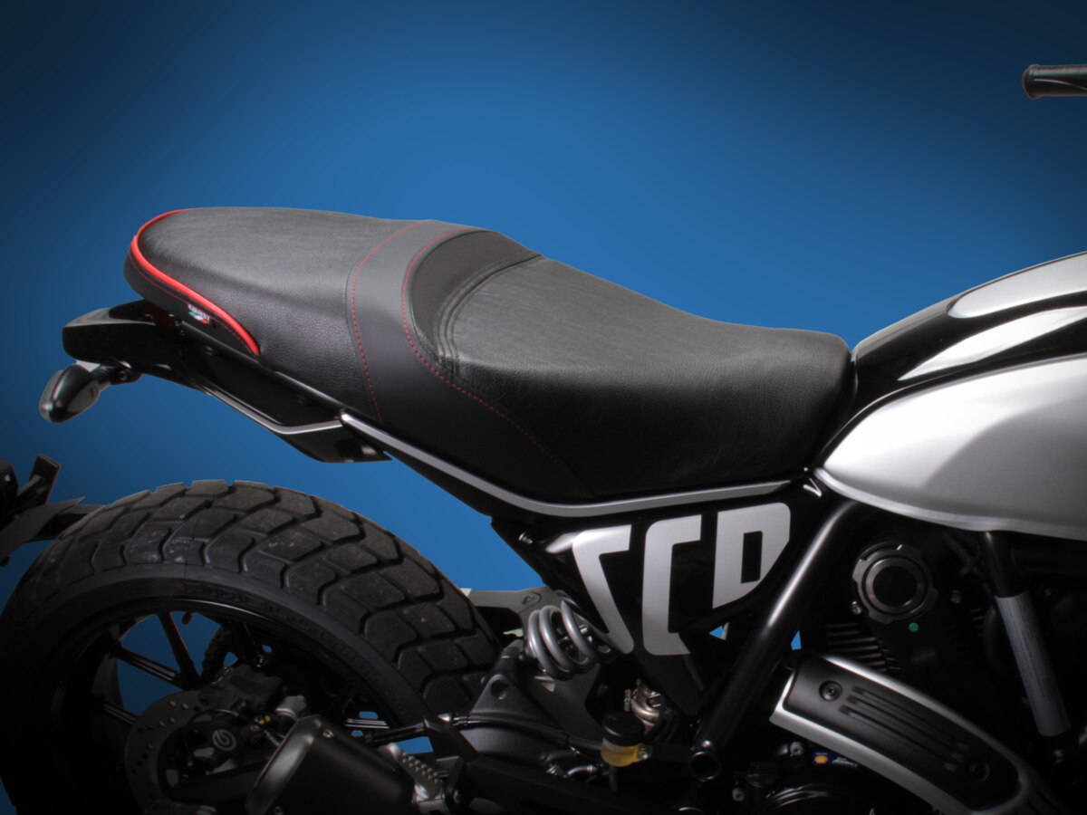 Sargent World Sport Motorcycle Seat on the 2023+ Ducati Scrambler bike with Red Accents Two-Up Style - available with yellow accents